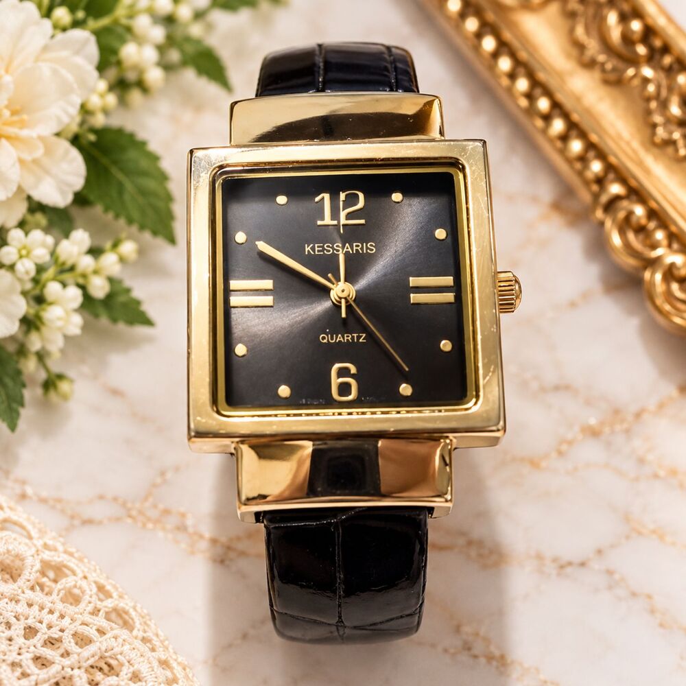 Kessaris Ladies Gold Tone Cuff Watch Black Dial Faux Leather Band Quartz